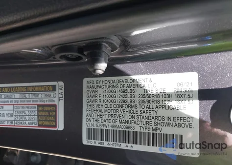 2021 Honda Cr-V 2Wd Ex-L из США, поврежденный, VIN 5J6RW1H89MA009683